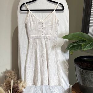 le chateau White Crochet Mini Dress with Spaghetti Straps